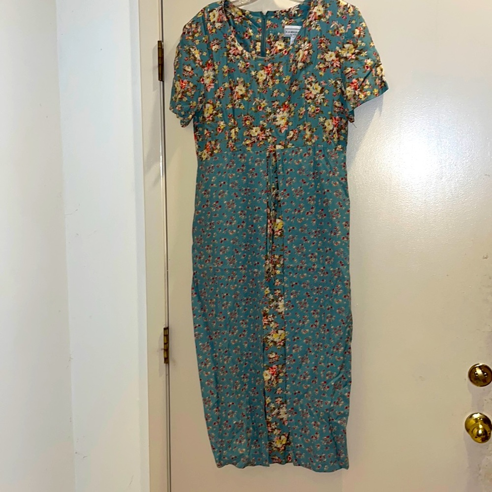 E.D. Michaels By Melanie Drucker 100% Rayon Dusty Teal Floral Dress Size 13-14